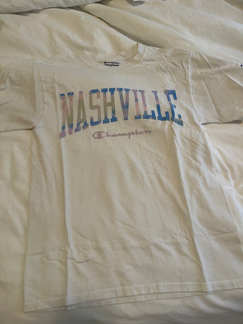Champion White Tee with Pastel Nashville Graphic